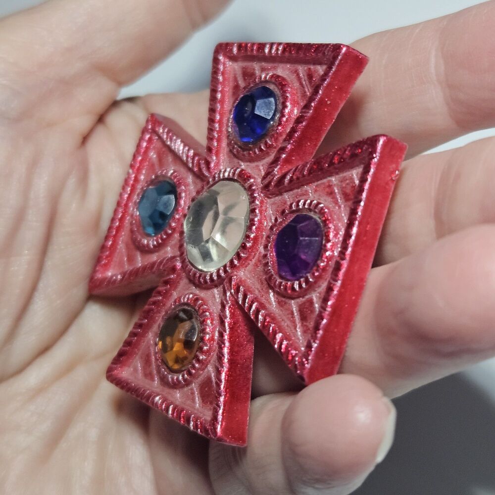 Vintage Red Geometric Cross Multicolored Rhinestones Brooch - Picture 3 of 9